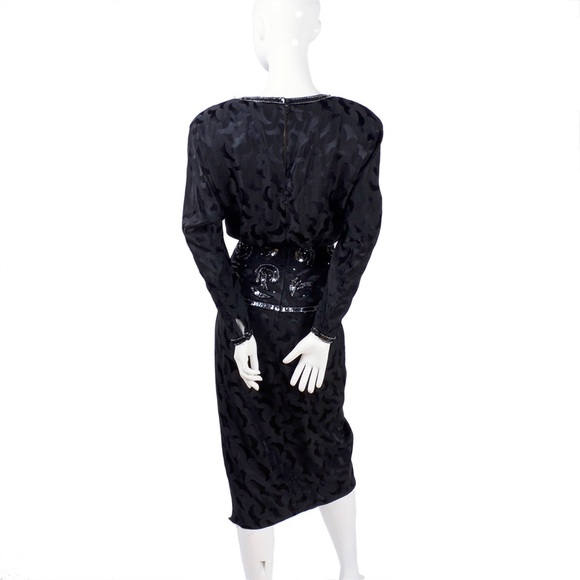 A.J. BARI 100% Silk 1980s Vintage Black Dress Asymmetrical Beaded with Sequins - Picture 3 of 13